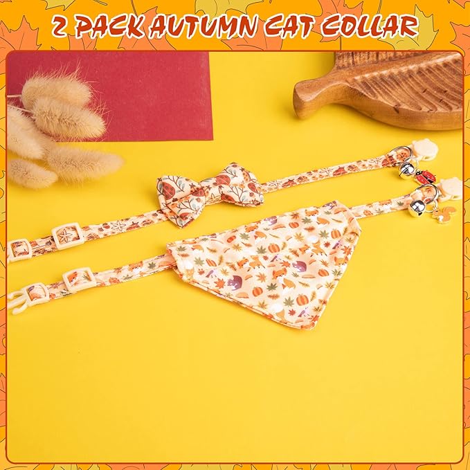 EXPAWLORER Fall Cat Collar Breakaway with Removable Bowtie and Bandana, Adjustable Holiday Cute Kitten Thanksgiving Collar with Bell, Ideal Festival Decoration Gift for Girl Boy Cats Puppies, 2 Pack