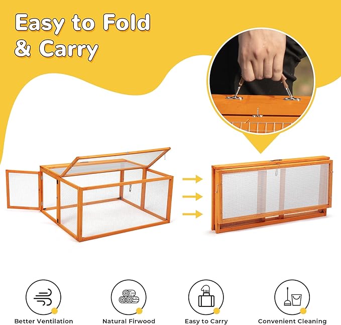Nyeekoy Portable Chicken Coop with UV-Proof Panel, 4X Garden Stakes, Wooden Rabbit Hutch, Chicken Brooder Box Indoor, Outdoor Folding Chicken Cage, Top & Side Openable Doors, 43.3Inch (Orange)