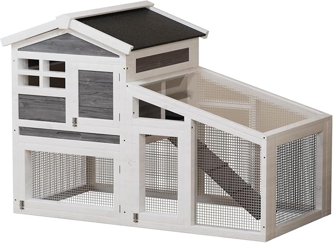 GarveeLife Rabbit Cage, Outdoor Weatherproof Bunny House Wooden, Indoor Bunny Cage with Run, Rabbit Hutch with Removable Tray, Grid Fences, Ramp 53.15" L x 23.62W 37.8" H Gray