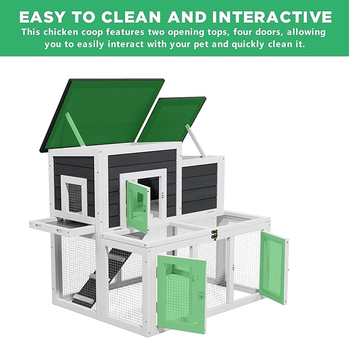 Outdoor Rabbit Hutch for 2-4 Chickens Wooden with Waterproof Asphalt Roof, Ramp, Openable Top Pull-Out Tray Suitable for Suitable for Indoor and Outdoor Use. (White Black)