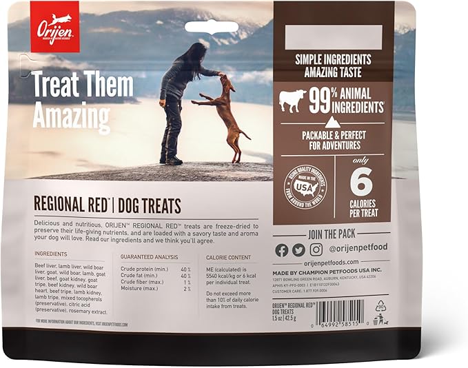 ORIJEN Grain Free High Protein Freeze Dried Dog Treats Regional Red Recipe 1.5oz Bag
