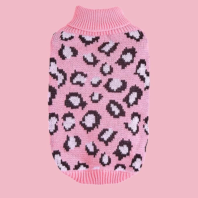 Leopard Knit Sweaters for Small Dogs, Pink Turtleneck Pullover for Pet, Puppies Cats Winter Sweater for Valentines Day Holiday