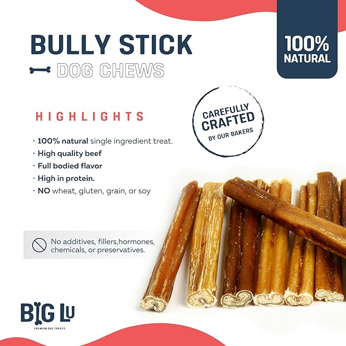 Big Lu - 4” Thick Bully Sticks, 10 Count, Long-Lasting, 100% Grass-Fed Beef Chews, for Small and Medium Dogs, Natural Single-Ingredient, Fully Digestible Treats