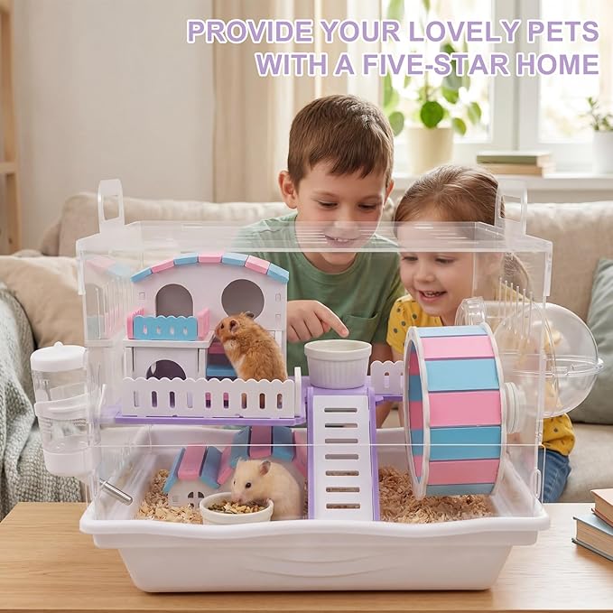 Loungewave Acrylic Hamster Cage, 2-Tier Gerbil Cage with Wooden Wheel, Small Dwarf Hamster Cage Habitat, Garden Mouse Cage for Pet Mice, Clear View Inside Easy to Clean, Pink-Blue