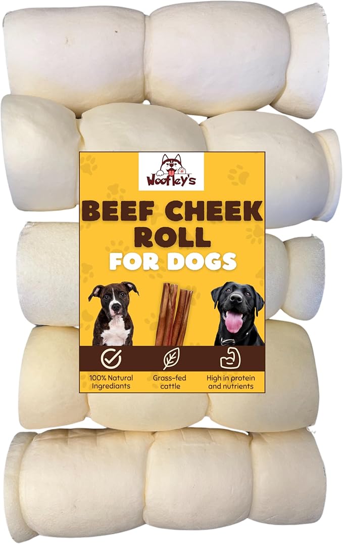 Woofley's 5-6" Buffalo Beef Cheek Roll -(5 Count)- Beef Cheek Rolls for Dogs - Long Lasting Natural Dog Chews