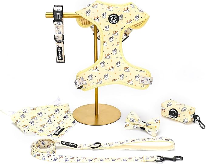 Dog Harness and Leash Collar Set with Dog Poop Bag Holder and Bandanas, Escape Proof Adjustable Puppy Cat Vest with Soft Mesh Padded, Pet Supplies for Small Medium Large Dogs Kitten(Yellow Puppy, S)
