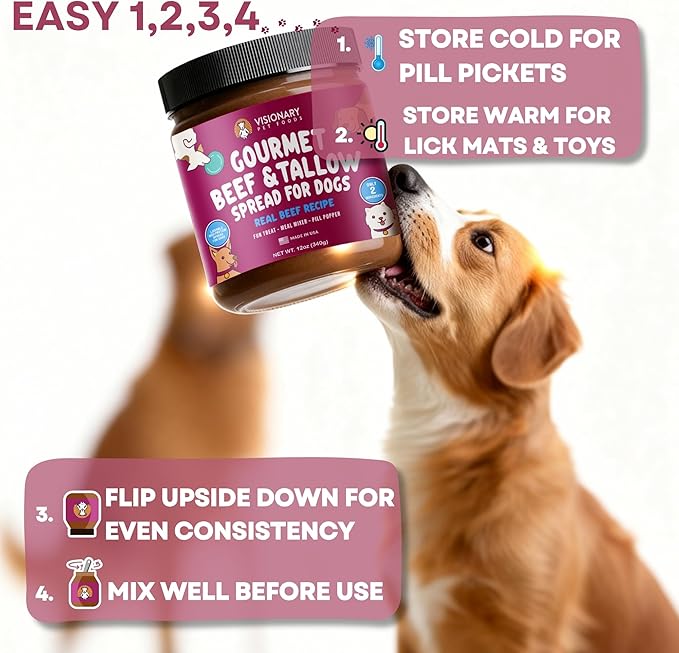 Visionary Pet Foods Beef Meat Spread - Healthy Dog Treat - Alternative to Dog Peanut Butter, Xylitol Free, No Sugar and Filler Free - Use on Lick Mat, Food Mixer, Pill Pockets - 12oz Jar