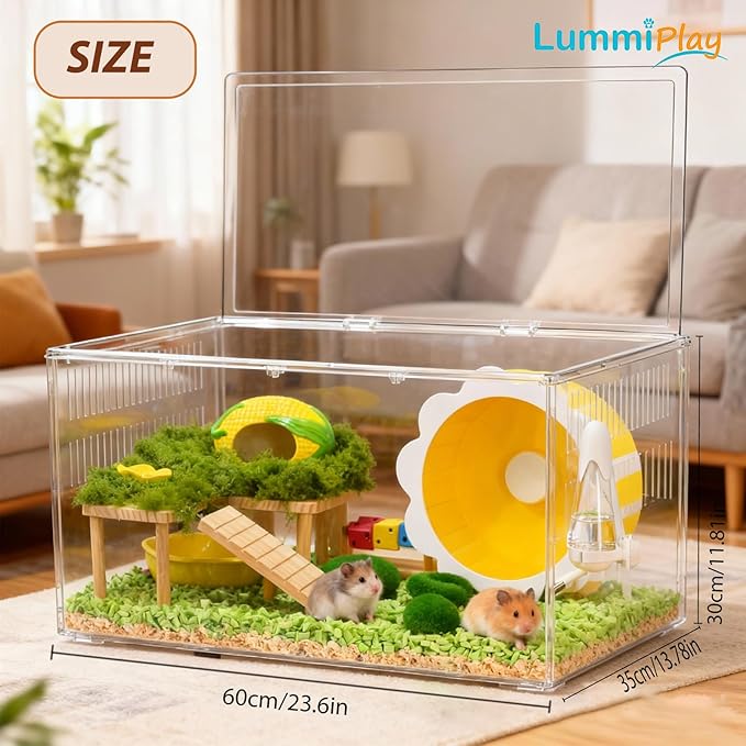 Large Clear Hamster Cage, 23.6 x 13.8 x 12.2 Inches, Transparent Pet Habitat with Ventilation and openable Top Cover, All-in-1