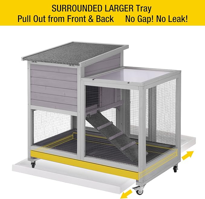 Aivituvin Rabbit Hutch Bunny Cage Indoor and Outdoor, Two Story Guinea Pig Cage on Wheels with 2 Deeper No Leakage Trays (Grey with Movable Bottom Wire Mesh)