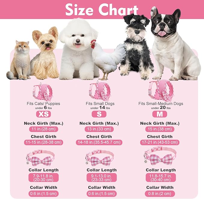 EXPAWLORER Cute Dog Harness Collar Leash Set - Pink Girl Dog Harness Checkered Step-in Design, Detachable Bow Pet Collar, Adjustable No-Choke Lightweight Mesh Vest for Cats Puppy Small Dogs, XS
