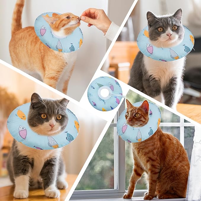 Seyezo Cat Cone Collar Soft, Spay Soft Cones to Stop Licking, Cat Neck Donut Pillow After Surgery, Spay Cones for Kittens, Soft Recovery Cone for Cats, Elizabethan Kitten Cones (Blue Fish, Medium)