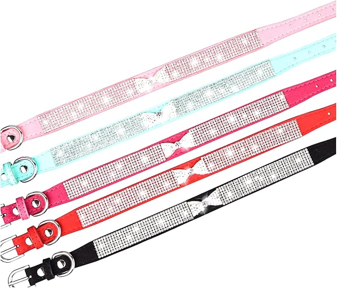 Cute Dazzling Sparkling Elegant Fancy Soft Suede Leather Bling Rhinestone Crystal Jeweled Pet Cat Dog Puppy Collar Dog Leash Combo Set (XS, Hot Pink-4)