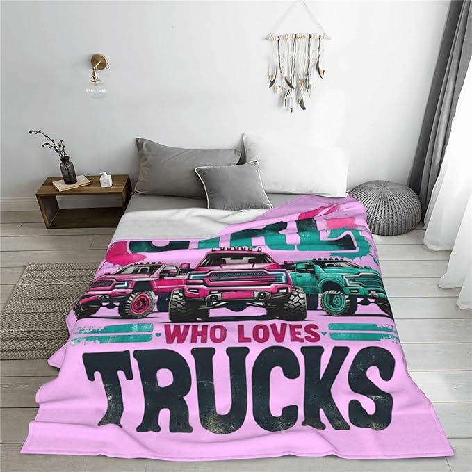 SweetFox Just A Girl Who Loves Trucks Blanket, Truck Decor Throw Blanket Gifts for Girls Boys Lovers Super Warm Soft Plush Fleece Flannel Winter Bedding Blankets for Kids Adults Men Women 60"X50"