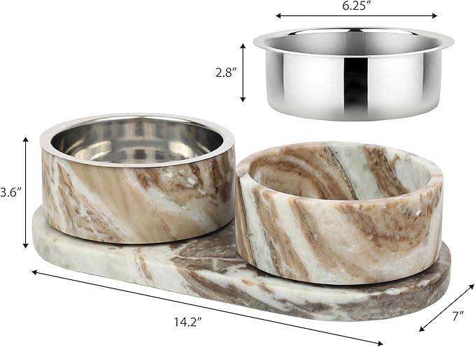DBL1000C Marbre Small/Medium Modern Weighted Double Marble and Stainless Steel Bowl 12oz (1.5 Cups) Feeder with Non-Slip Marble Tray Set, Beige/Gray