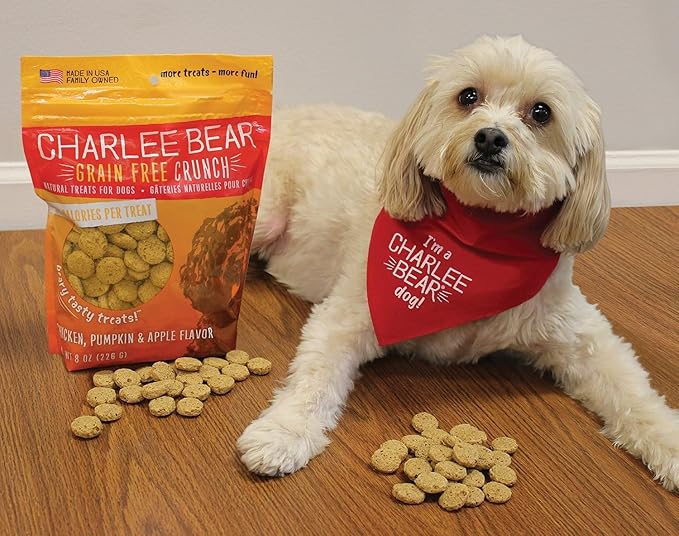 Charlee Bear Dog Training Treats for Small, Medium & Large Breeds, Crunchy Low Calorie Grain Free Dog Treats, USA Made, Chicken, Pumpkin & Apple, 6 Pack, 8oz Each