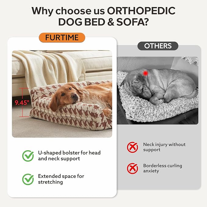 FURTIME Orthopedic Dog Beds Large Sized Dog, XL Washable Memory Foam Pet Couch Bed with Removable Washable Cover, Non-Slip Bottom with Bolster Sides, Brown