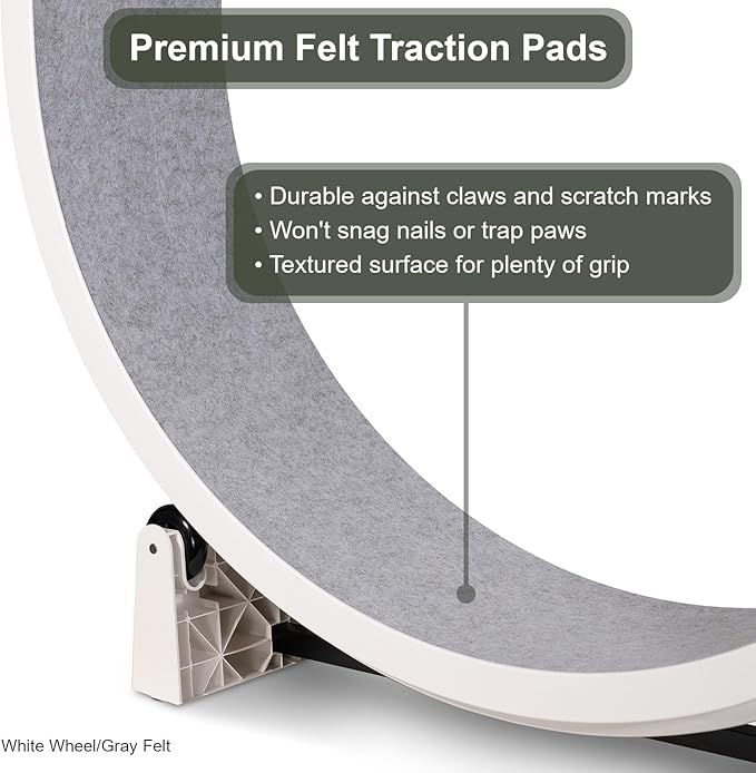 One Fast Cat - Cat Exercise Wheel - Gen. 7 - Safe 48" Diameter - Made in The USA - White Wheel with Gray Felt Traction Pads and Light-Up LED Inline Wheels