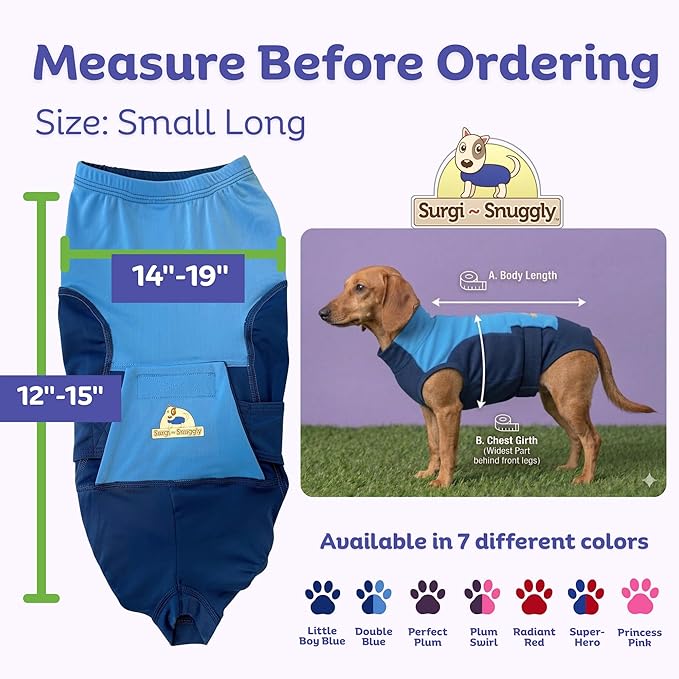 Surgi Snuggly Dog Surgery Recovery Suit - Dog Onesie for Post Surgery Recovery, Female Spay & Male Neuter - Surgical Suit for Dogs, E-Collar Cone Alternative, Double Blue - Small Long - 12" - 15" (EC)