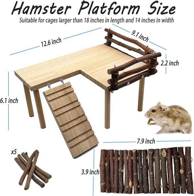 Wooden Hamster Platform with Fence, Large Syrian Hamsters Standing Platforms with Legs Wood Syrian Hamsters Playing Toy Standing Table Gerbil Cage Accessories