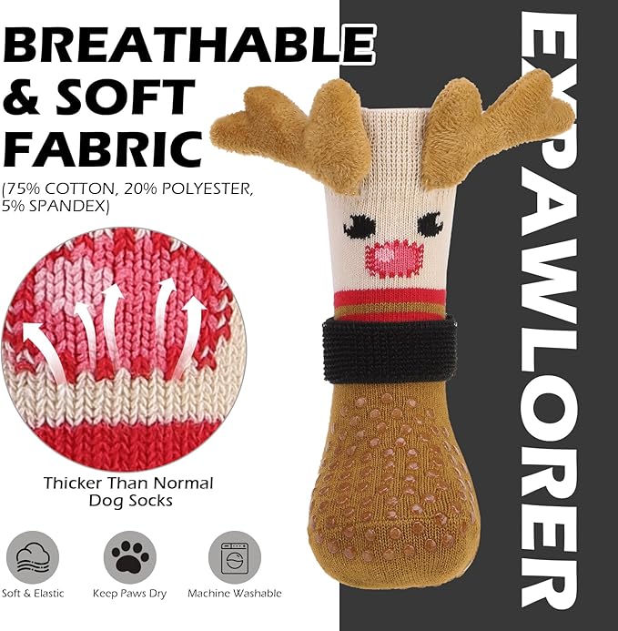 EXPAWLORER Christmas Anti Slip Dog Socks to Prevent Licking Paws, Boots & Paw Protectors with Grippers,Doggie Booties for Hardwood Floors for Small Medium Large Senior Dogs Lifelike Costume Reindeer M