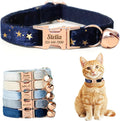 Personalized Non-Breakaway Cat Collar with Name, Luxury Soft Velvet Custom Engraved Name Collar with Bell for Kittens & Cats (Blue with Stars, S (6.5-10.5 inches))