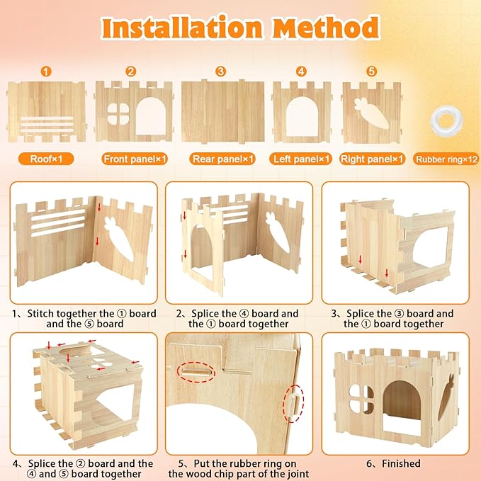 YUEPET Wooden Rabbit Castle, Rabbit Hideout and House Detachable Bunny Habitat Indoor Small Animal Hideout for Adult Bunny Guinea Pig Chinchilla