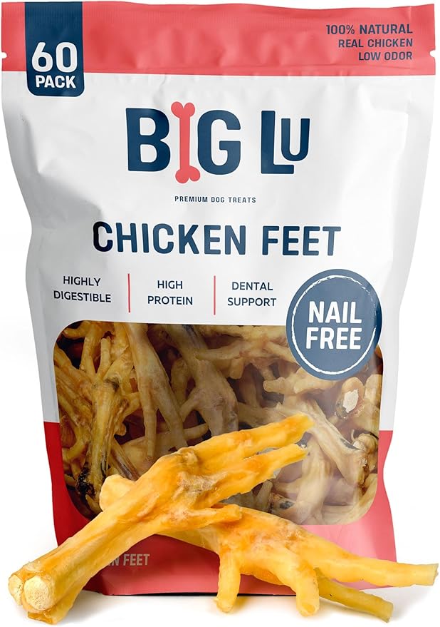 Big Lu – Nail-Free Chicken Feet Dog Chews, (60 Pack) |100% Natural Single-Ingredient Treats, Rawhide-Free, Long-Lasting, Rich in Glucosamine and Chondroitin for Joint Health