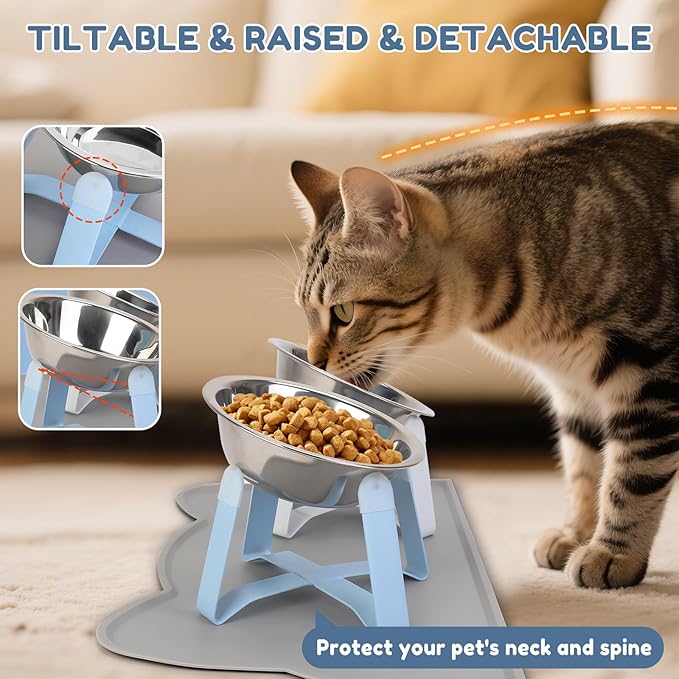 2 Pack Raised Cat Bowls Holder with Non-Slip Mat Stainless Steel Cat Feeder Elevated Pet Water Food Bowls for Cats Puppies Rabbits (White & Blue)