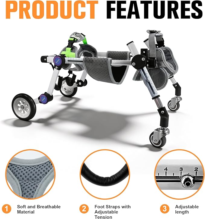 Dog Wheelchair 4 Wheels Adjustable, Full Body Support Dog Cart for Front & Rear Legs, Lightweight Mobility Aid for Disabled Small Dogs