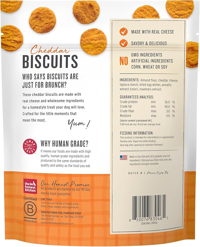 The Honest Kitchen Human Grade Dog Treats Cheddar Biscuits, 3.5 oz Pouch