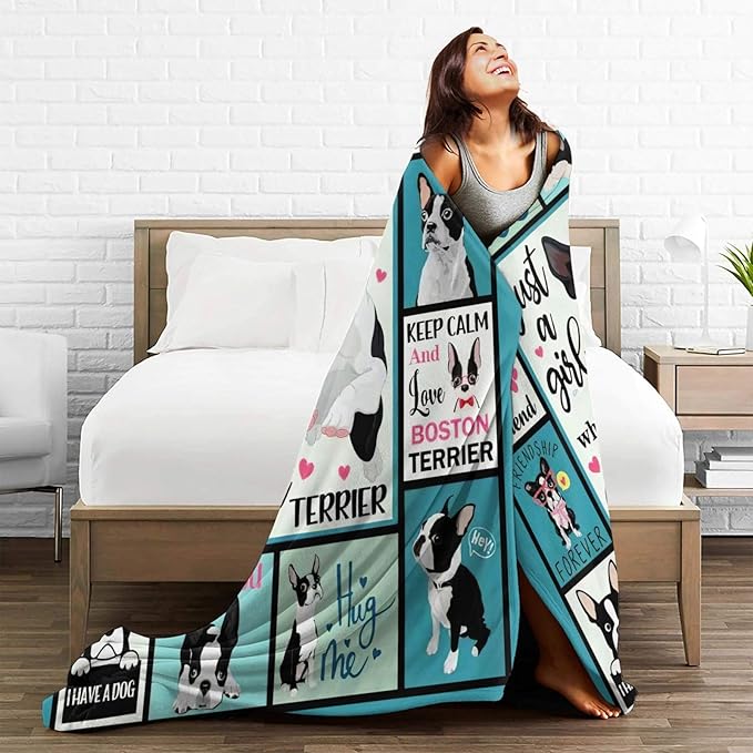 SweetFox Just A Girl Who Loves Boston Terrier Blanket, Funny Dog Decor Throw Blanket Gifts for Girls Boys Lover Super Warm Soft Plush Fleece Flannel Bedding Blankets for Kids Adults Men Women 80"X60"