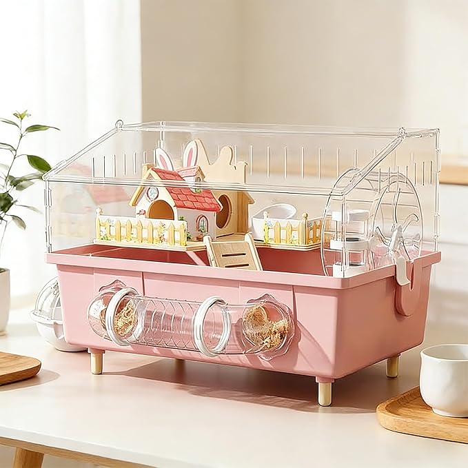 Pink Acrylic Hamster Cage - 18" Small Animal Home with 180° View, Extra Deep 5.5" Base, 8" Silent Wheel & Expansion Ports - for Dwarf Hamsters, Gerbils, Mice