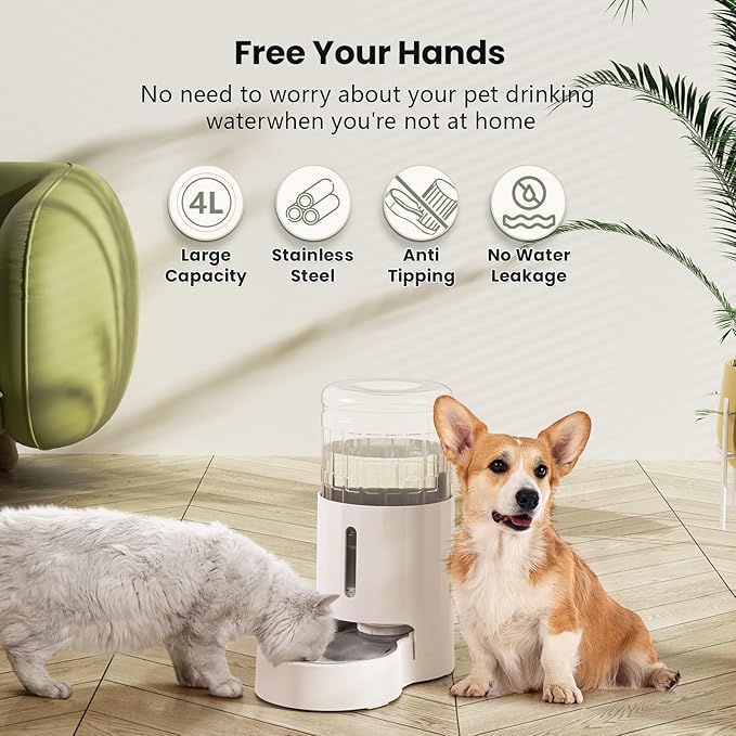 CZPET Dog Water Bowl Dispenser 4L, Wider Mouth & Upgraded Brush for Easy Cleaning Automatic Cat Gravity Refilling Waterer with Removable Stainless Steel Bowl, Large Drinking Area for Multi-Pet (White)