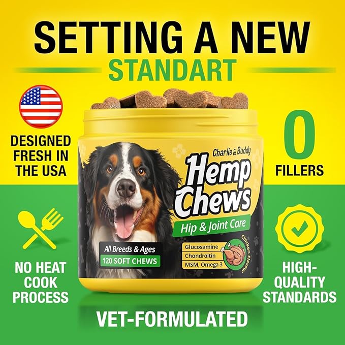 Glucosamine for Dogs - Hеmp Calming Chews with Glucosamine & Chondroitin - Daily Support with MSM, Omega 3 and Turmeric for Senior and Large Breed Dogs - Chicken Flavor, 120 Soft Treats