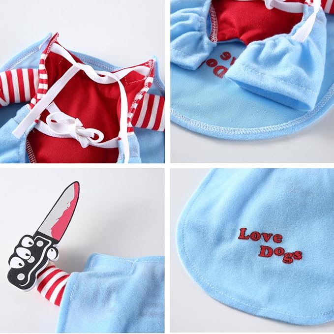 Puppy Deadly Doll Dog Costume, Pet Cosplay Clothes Halloween Christmas Funny Party Costume for Cats and Small Dogs (Large, Blue)