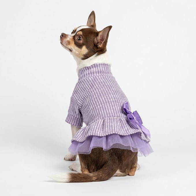 Fitwarm Collared Neck Tulle Dog Dress, Cozy Winter Clothes for Small Dogs Girl, Pet Outfits, Purple, Medium