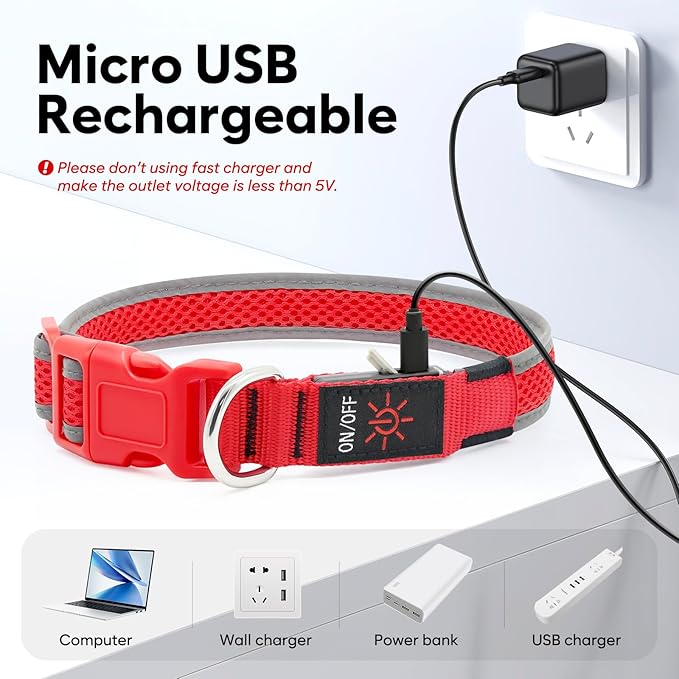 Flashseen LED Dog Collar, Light Up Dog Collar USB Rechargeable, Brightest Dog Lights for Night Walking, Adjustable Dog Collar Light for Dog Safety (Red, Medium)