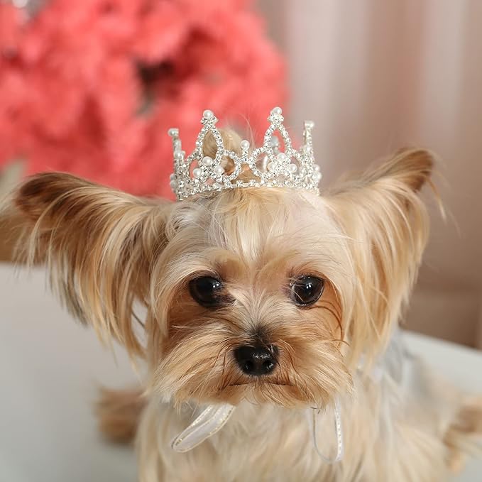 Lovelyshop Pet Series Silver Plated Royal Rhinestone Pearl Full Round Dog/Cat Crown for Rolyal Family Costume Hair Accessories-XSmall Size