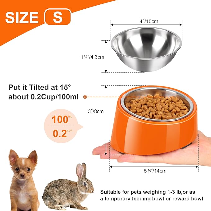 Tilted Dog Bowl Non-Slip & Non-Spill Pet Feeder with Elevated Detachable Melamine Stand, Easy to Get Food Dog Dish, S/100ml Orange
