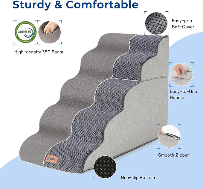 ZOMISIA Dog Stairs for High Beds - Pet Stairs Ramp for Couch, 35D Foam Dog Steps for Small to Large Pets, with Non-Slip Bottom Brown, 5 Steps
