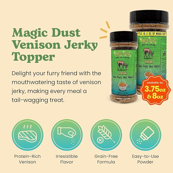 Wild Meadow Farms - Dust Venison Jerky Topper, Single Protein Pet Food Topper for Dogs & Cats, Flavor & Elevate Mealtime Excitement for Picky Eaters - 8 Ounce Bottle in Venison Flavor