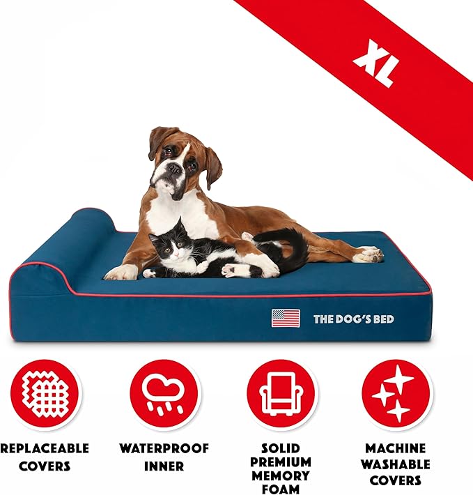 The Dog’s Bed Orthopedic Memory Foam Dog Bed with Headrest, Calming Surface – CertiPUR-Certified Foam, Oxford Fabric, Blue with Red Trim USA Flag, XL, 6-Inch