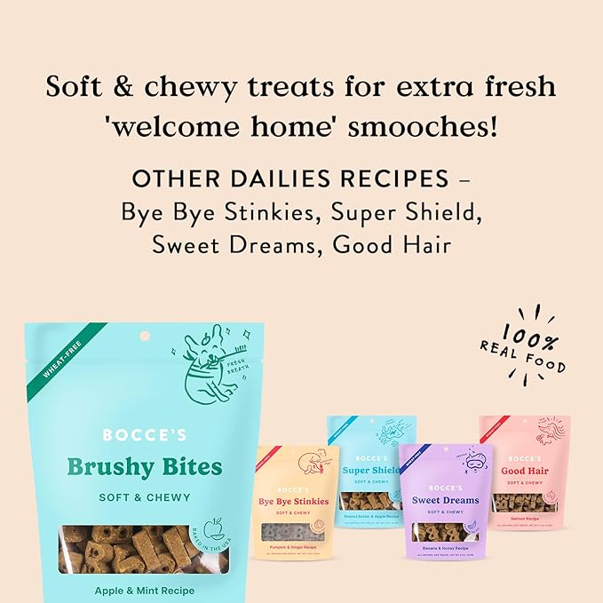 Bocce's Bakery Dailies Brushy Bites Dog Treats for Wellness Support,Wheat-Free Dog Treats,Made with Real Ingredients,Baked in The USA,All-Natural Soft & Chewy,Apple & Mint Recipe,6 oz,(Pack of 2)