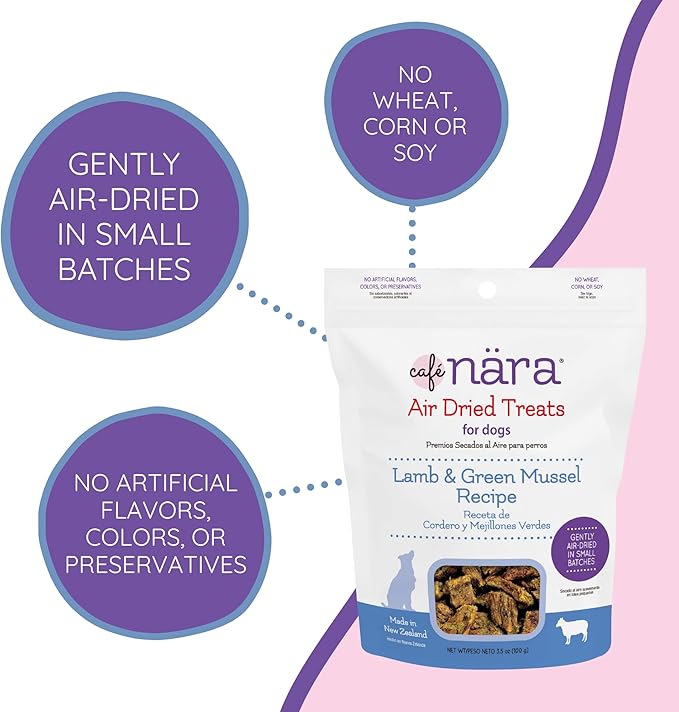 Café Nara - Lamb & Green Mussel Air Dried Treats for Dogs - Soft & Meaty Texture - Air Dried Training Treats - All-Natural Recipe - Grain, Gluten, Wheat, Corn & Soy Free - Non-GMO - 3.5 oz - 1 Pack