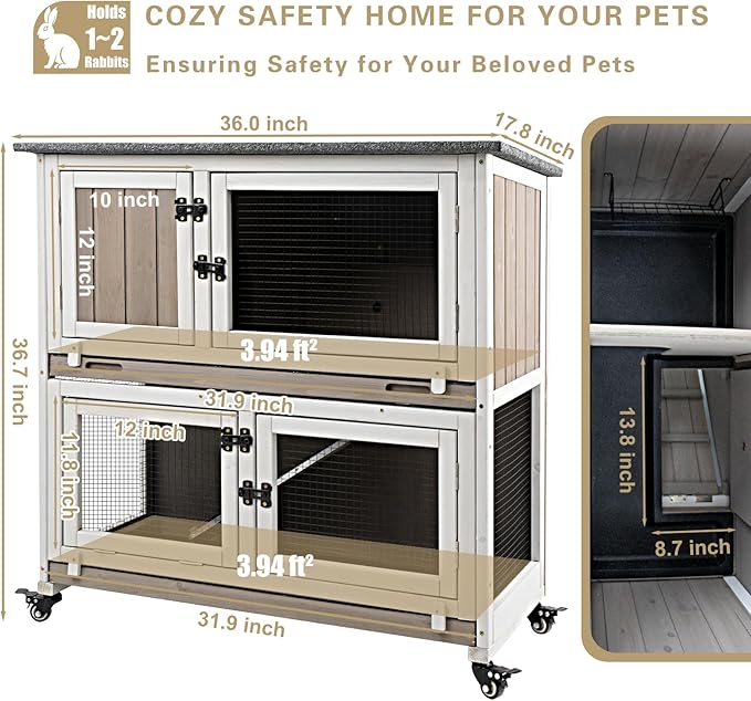 Ketive 36" L Rabbit Hutch Indoor with 4 Metal Wheels, 2-Story Wooden Bunny Hutch Outdoor Bunny Cage, 2 Deeper Pull-Out Trays, Ramp, Rabbit Cage Guinea Pig Pet House for Small Animals