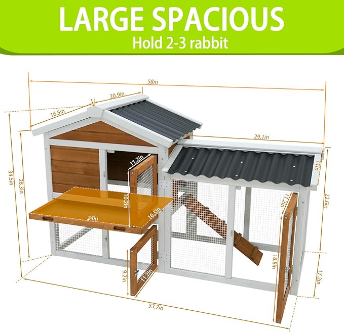 Outdoor Wooden Rabbit Hutch with Waterproof PVC Roof - Includes Staircase, Easy-Clean Tray, Secure Fence Design, Superior Ventilation, and Triple Lockable Access Doors（41314）