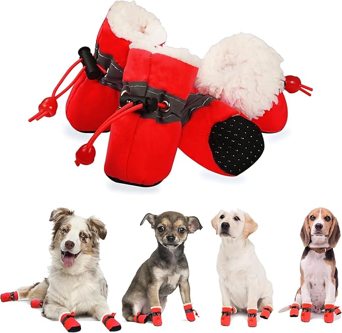 YAODHAOD Dog Shoes for Winter, Dog Boots & Paw Protectors, Fleece Warm Snow Booties for Puppy with Reflective Strip Anti-Slip Rubber Sole for Small Medium Size Dogs,Size 3: 1.5"x1.3" (L*W),Red