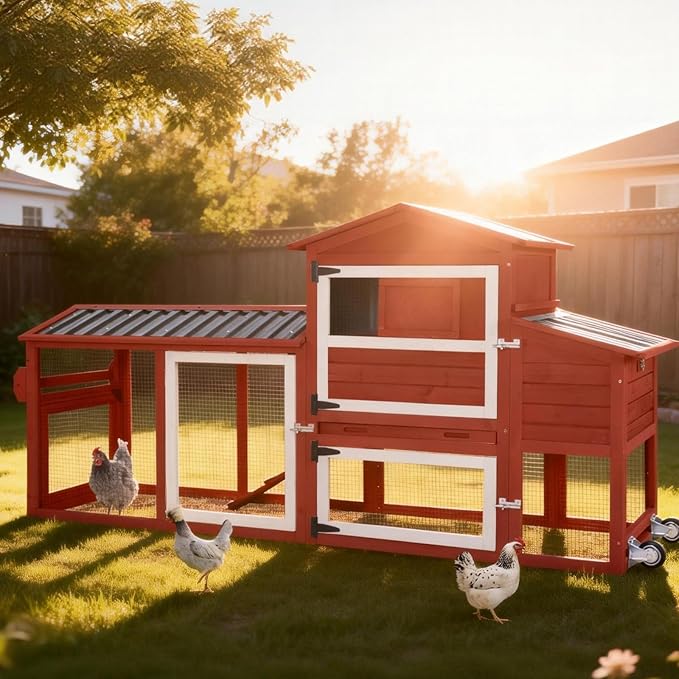 Aivituvin Chicken Coop with Run and Wheels, Mobile Outdoor Hen House Wooden Poultry Cage with Waterproof Roof (Red, AIR61)