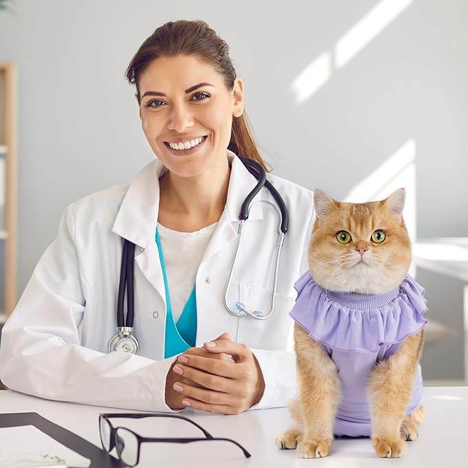 Avont Cat Recovery Suit - Kitten Onesie for Cats After Surgery, Cone of Shame Alternative Surgical Spay Suit with Ruffles for Female Cat, Post-Surgery or Skin Diseases Protection -Lilac (L)