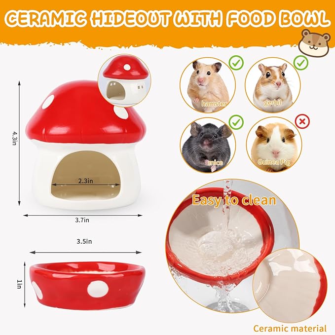 21 Pcs Hamster Cage Accessories Set, 9.5'' Silent Hamster Wheel, Ceramic Hideout & Food Bowl, 15 Chew Toys, Maze Wood House & Water Bottle Set, Hamster Starter Kit